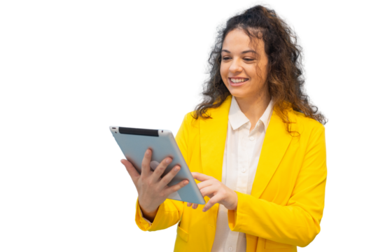 Professional young manager confidently interacting with tablet, displaying friendly smile and modern workplace communication style