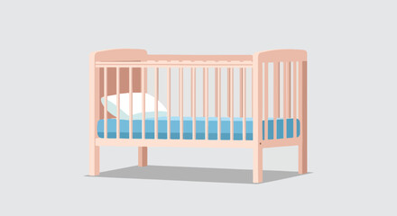 Pastel-toned vector illustration of a baby crib with a pillow, set against a minimalist grey backdrop conveying serenity