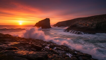 Rocky Coastline at Sunset with Crashing Waves
