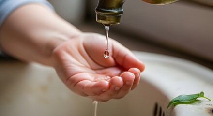 A child's small hand carefully cupped to catch a single precious drop from a dripping faucet