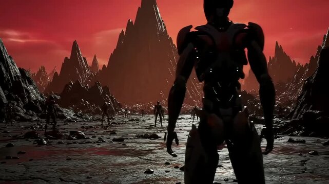 Futuristic Biomechanical Android Standing in a Dramatic Red Sci-Fi Landscape