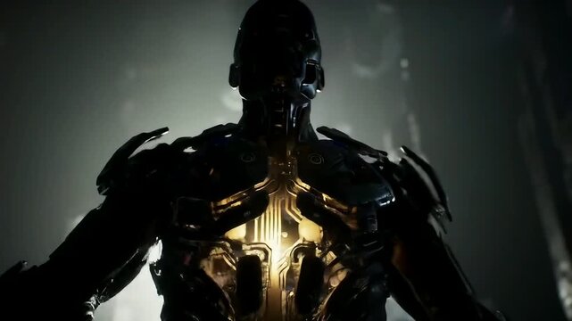 Powerful Futuristic Android Warrior with a Glowing Reactor Core