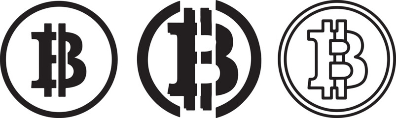 Collection of Stylized Virtual Currency Symbols in Black and White Circular Designs