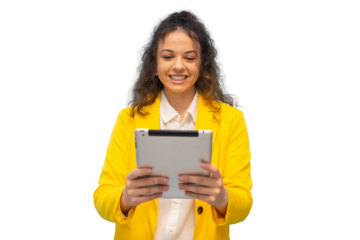 Cheerful businesswoman holding tablet, isolated on transparent background, enjoying using technology for work or entertainment