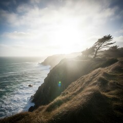 Coastal Cliff with Tree and Ocean Waves