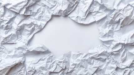 Flat lay of overlapping crumpled white paper sheets creating textured landscape, clean bright background for text overlay

