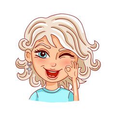 Female person shows okay gesture, isolated on white background. Vector illustration. 