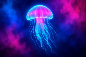 Glowing neon jellyfish with vibrant pink and blue light in dark ocean depths