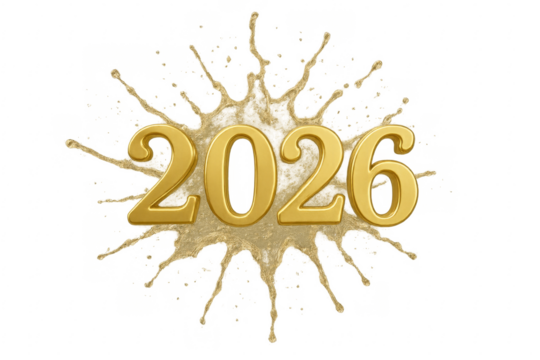Golden 2026 year number splashing on transparent background