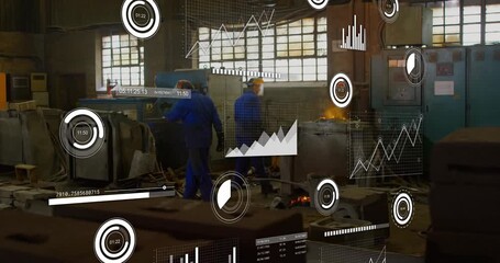 Technicians entering foundry adjusting valve stirring metal animated overlays monitoring metrics - Powered by Adobe