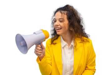 Young businesswoman shouting into megaphone with transparent background, expressing advertising, marketing, and communication concepts