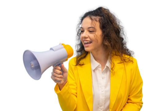 Young businesswoman shouting into megaphone with transparent background, expressing advertising, marketing, and communication concepts - Powered by Adobe