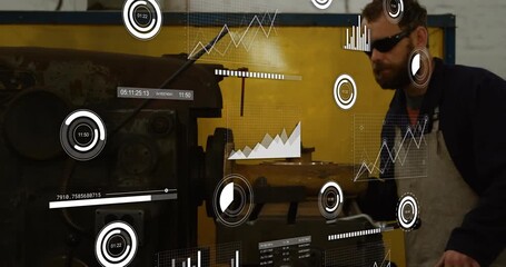 Machinist inspecting spindle activating shop metrics then adjusting lathe wheel verifying settings - Powered by Adobe