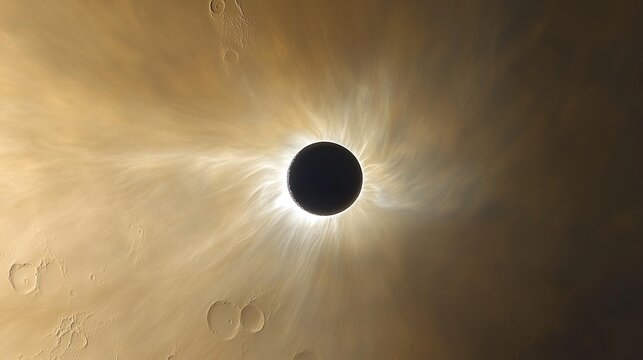 Total solar eclipse seen from Mars orbit, Phobos perfectly aligned with Sun&acirc;&euro;&trade;s center, rare small eclipse.