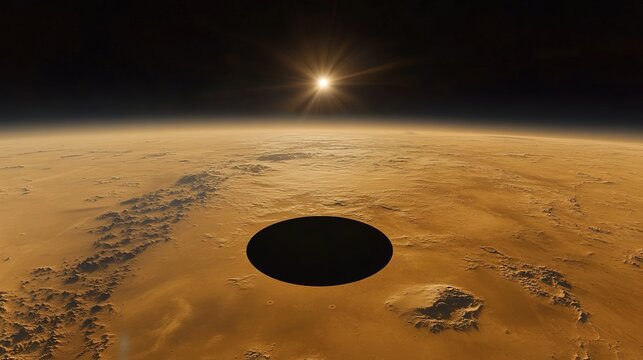 Total solar eclipse seen from Mars orbit, Phobos perfectly aligned with Sun&acirc;&euro;&trade;s center, rare small eclipse. 