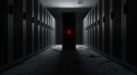 A dim server room with a central rack and glowing red light, surrounded by a chaotic mess of tangled cables