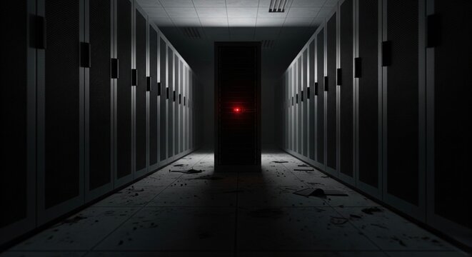 A dim server room with a central rack and glowing red light, surrounded by a chaotic mess of tangled cables