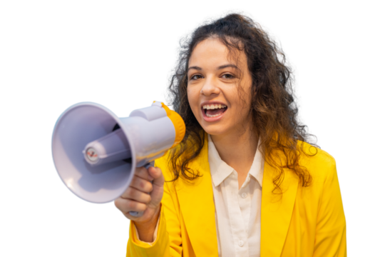 Young woman in a vibrant yellow jacket energetically shouting into a megaphone, expressing powerful messages on a transparent background