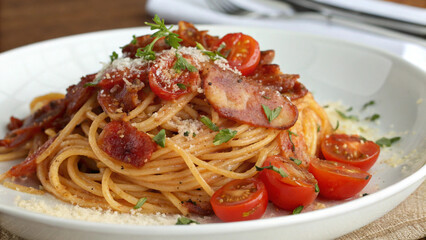 Spaghetti alla Amatriciana with pancetta bacon, tomatoes and pecorino cheese