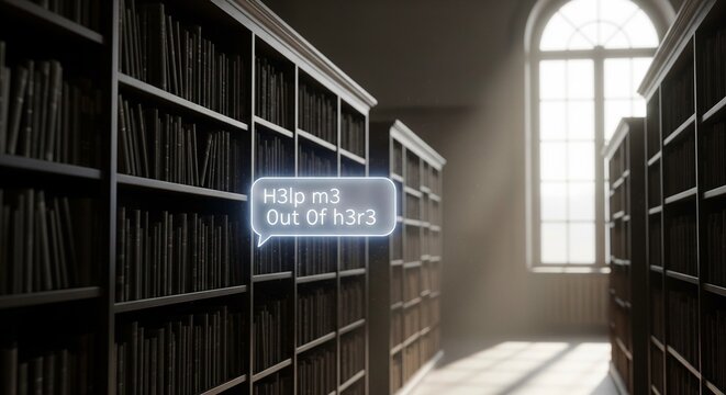 A ghostly, glowing chat bubble with the text "H3lp m3 Out Of h3r3" floating in a dark, old library between bookshelves.