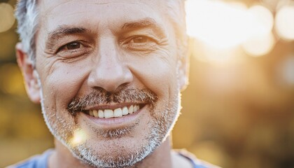 Close-up portrait of smiling older man in natural sunlight.