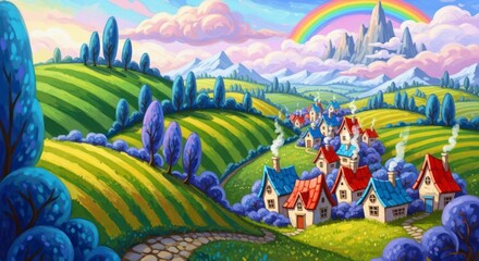 Cartoon Village Landscape with Rainbow