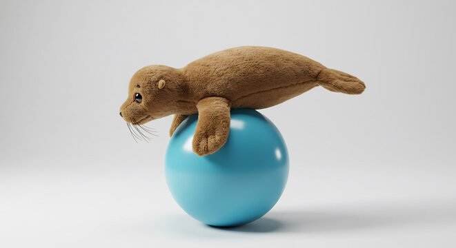 ふわふわアザラシ 青いボールの上 優雅にバランス. AI Generated