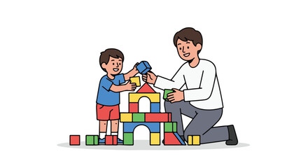 Father and son bonding through creative play with colorful building blocks in a joyful learning environment fostering imagination and togetherness