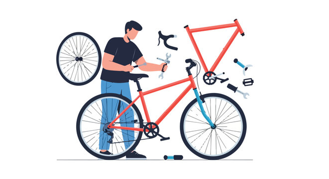 Illustration of a man repairing a bicycle, surrounded by various bicycle parts and tools, showcasing repair and maintenance related activities