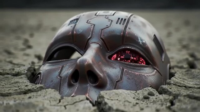 Futuristic Android Face with Crimson Optic Sensor Unearthed from a Desolate World