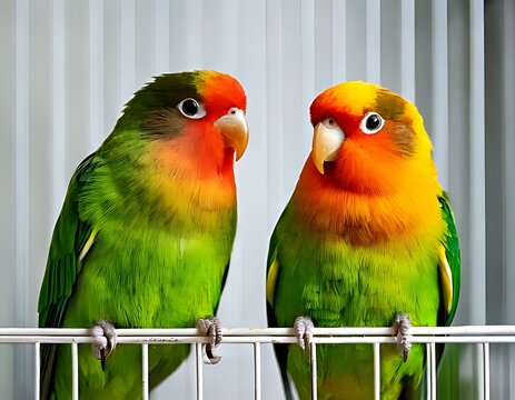 Two colorful parakeets in a cage