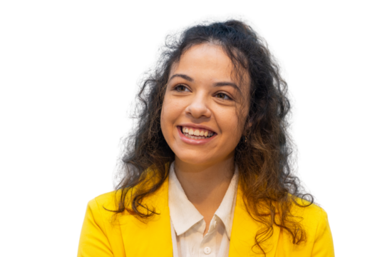 Smiling businesswoman in yellow jacket, looking sideways with professional confidence against transparent backdrop