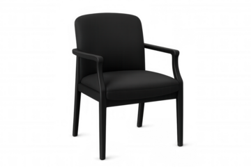 Isolated transparent background comfortable black chair with wooden frame, ideal for interior design projects