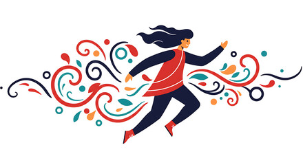 Woman Running with Colorful Floral Flourishes