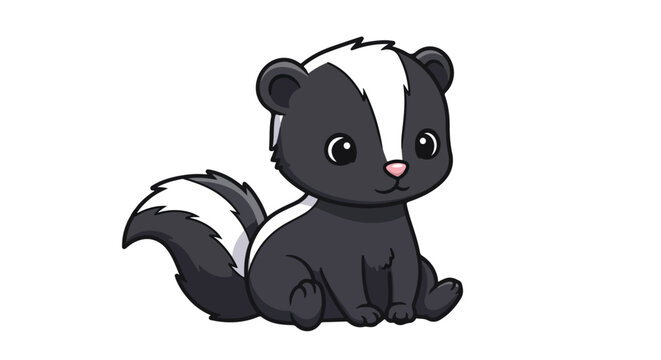 Adorable cartoon skunk sitting innocently on a plain background adding charm to any design or project with its lovely face and cute pose