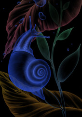 Plant Leaves and Snails Detailed Pencil Drawing