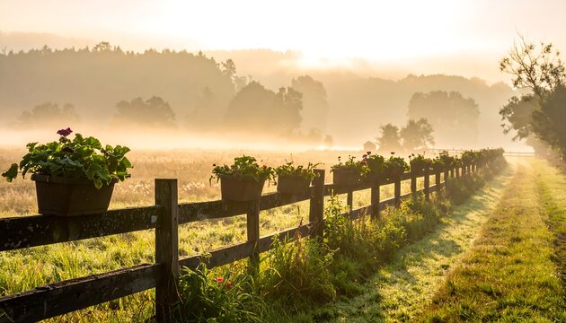 Misty sunrise over a rustic wooden fence