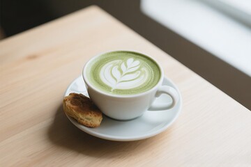 Serene Matcha Latte Art with Pastry Delight.