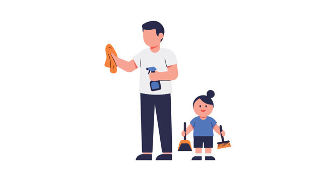 A heartwarming illustration of a dad and daughter embarking on a domestic cleaning adventure together at home
