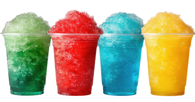 Four colorful snow cones in plastic cups (1)