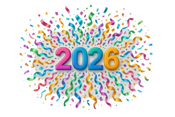 2026 new year celebration with colorful confetti and ribbons on transparent background
