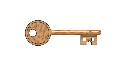 Whimsical wooden key illustration, a vintage-style passkey offering access and unlocking secrets, isolated on white