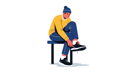 Illustration of a seated man tying his shoelaces, preparing for a workout or casual outing with a focus on minimalist design aesthetics