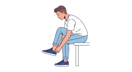 Young man sitting on a bench, adjusting his sneaker laces, illustrating a focused routine in a minimalist style drawing, isolated over white space