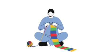 Man knitting a vibrant striped scarf while sitting cross-legged illustration portrays a relaxing and creative scene in a minimalist style art