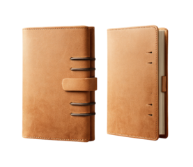Tan leather bound notebook, two-view