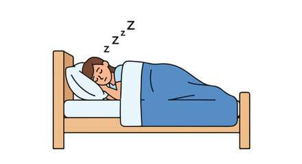 Illustration of a person sleeping peacefully in bed under a blue blanket dreaming sweetly and profoundly in bedroom