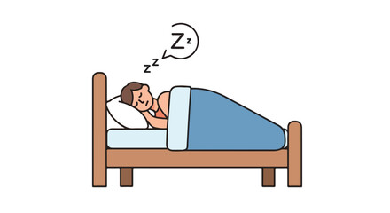Illustration depicting a man peacefully sleeping soundly in his bed with whimsical "Zzz" sound effects above him as he rests at home