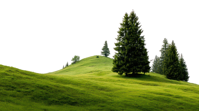 Green rolling hills with cypress trees and a small building isolated on transparent background