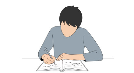 Person writing or drawing in a notebook, illustration, creative process, artistic expression, journaling, brainstorming, studying visualized